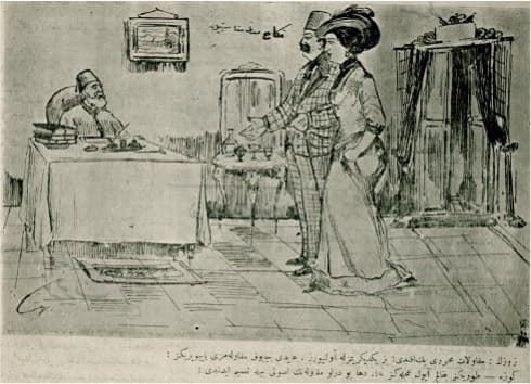 Nikah-ı medeni münasebetiyle 
-Zevzek: Mukavelat muharriri beyefendi! Biz yekdiğerimizle evleniyoruz. Haydi çabuk mukavelemizi yapıveriniz! 
Geveze: Durunuz bakalım ayol aceleniz ne? Daha bu türlü mukavelenin usulü bile tamim edilmedi!  görseli